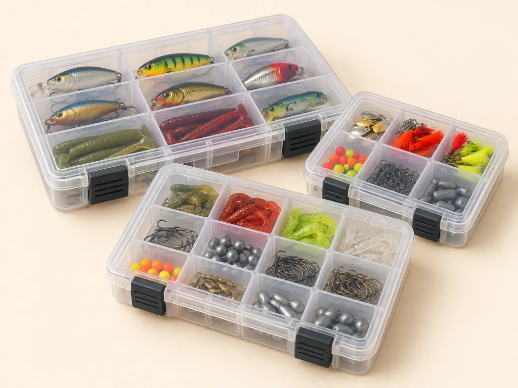 Clear compartmented tackle boxes filled with hooks, lures, weights, and fishing accessories.