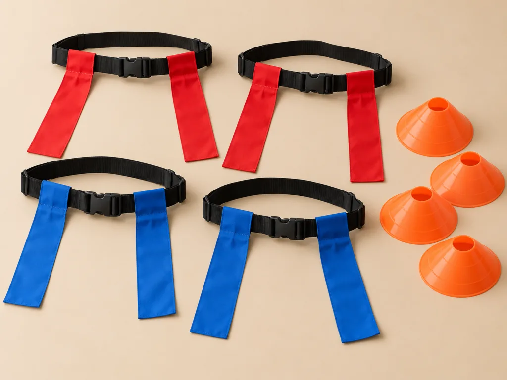 Red and blue flag football belts with orange field cones
