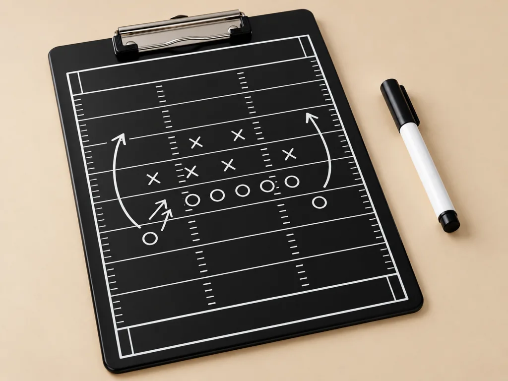Football coaching dry-erase clipboard with field diagram and marker