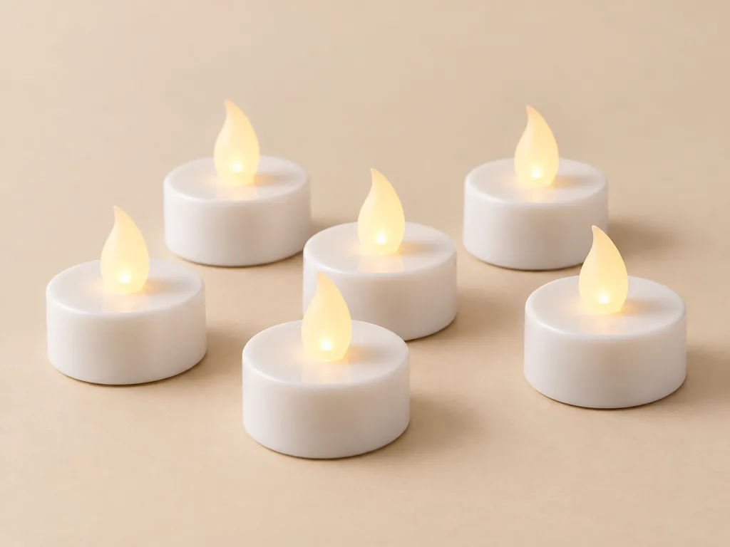 Six glowing flameless LED tea lights arranged on a warm cream background.