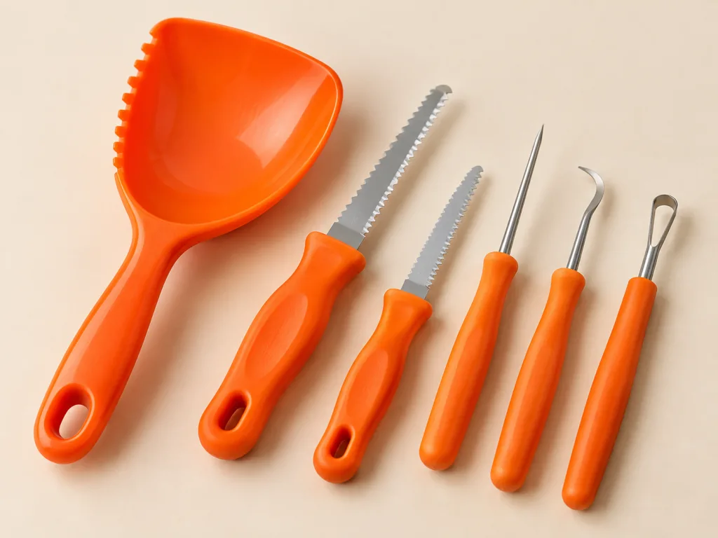 Orange pumpkin carving tools arranged on a warm cream background.