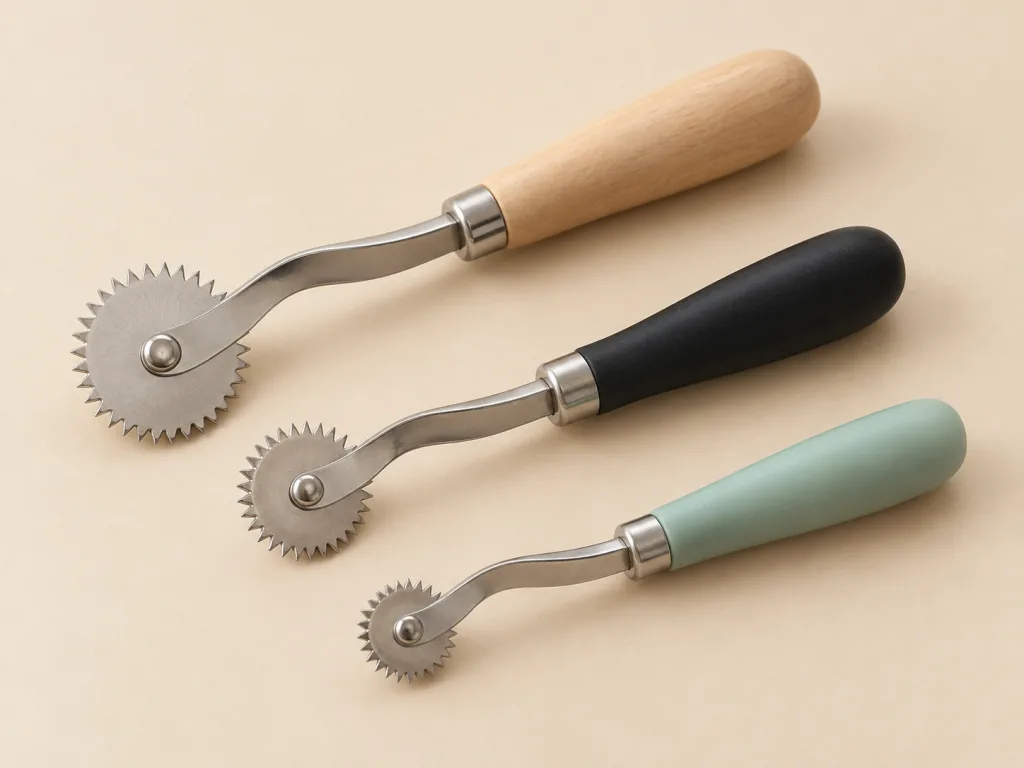 Three serrated tracing wheels on a warm cream background.