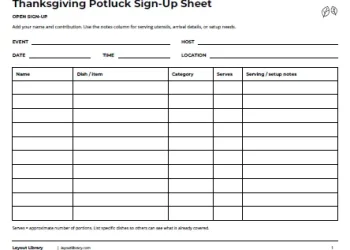 Free Printable Thanksgiving Potluck Sign-Up Sheet Screenshot 01