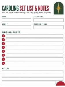 Printable Christmas caroling set list and notes page